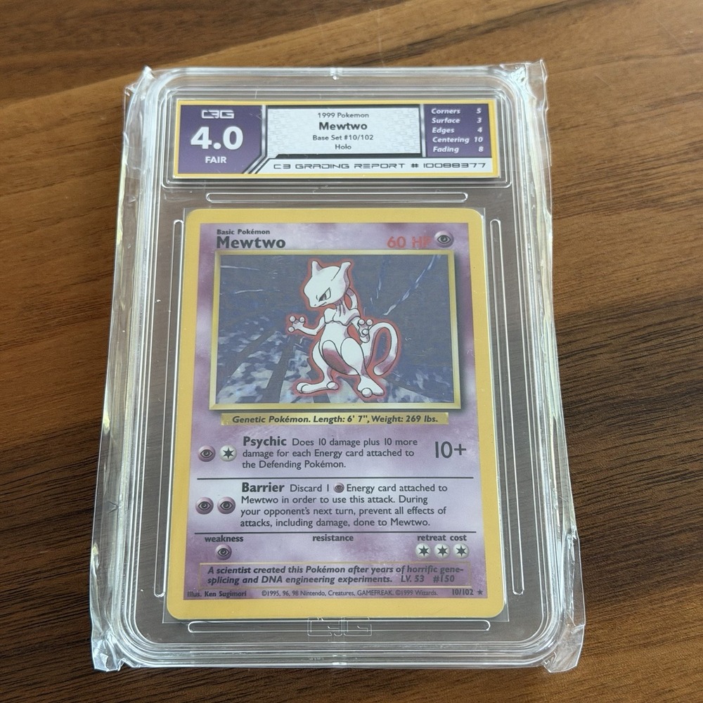 Pokémon Mewtwo TCG Holo Rare Card 10/102 Base Set Unlimited C3 Grading 4 Slab